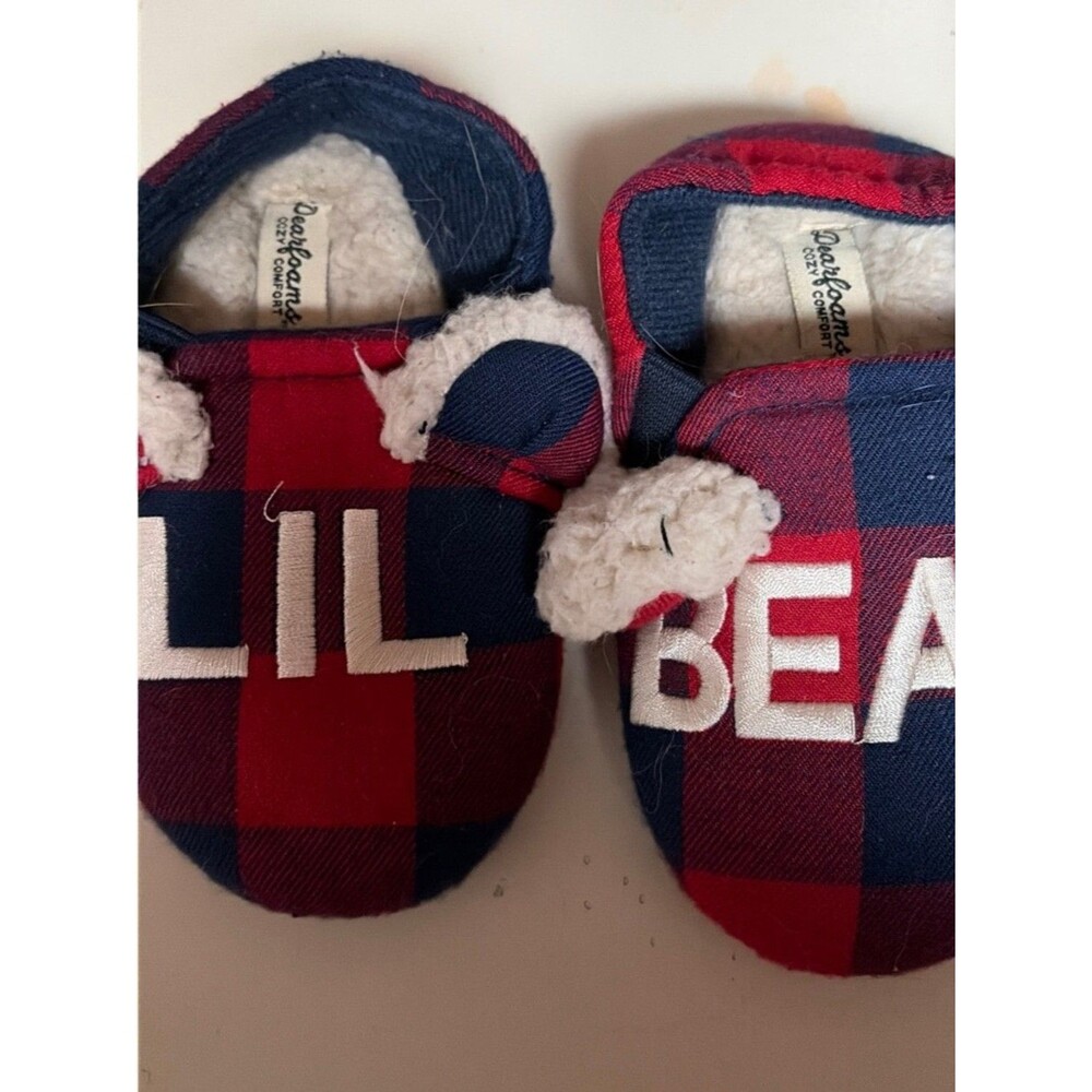 dearfoams Red and Navy Buffalo‎ Plaid Baby Slippers with Sherpa Ears